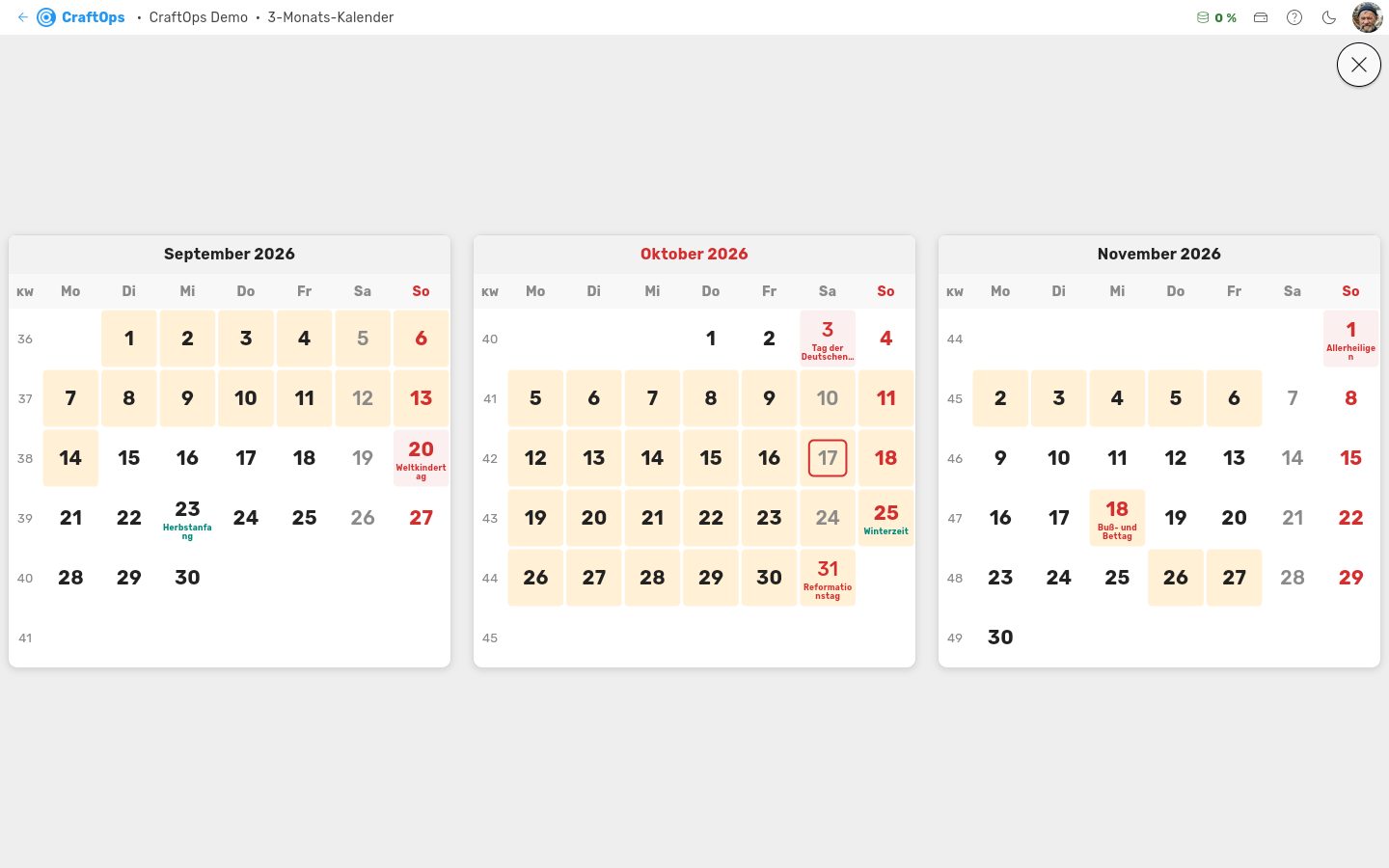 Bildschirm „3-Monats-Kalender“ im Demo-Betrieb
