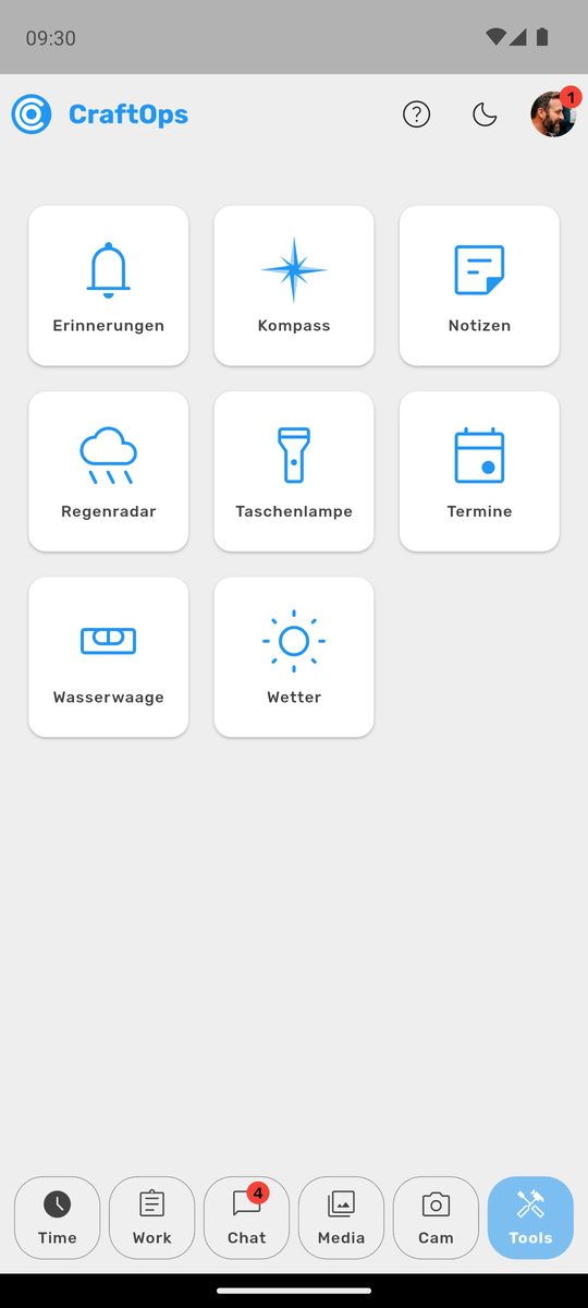 Bildschirm „Mobile-App: Tools“ im Demo-Betrieb