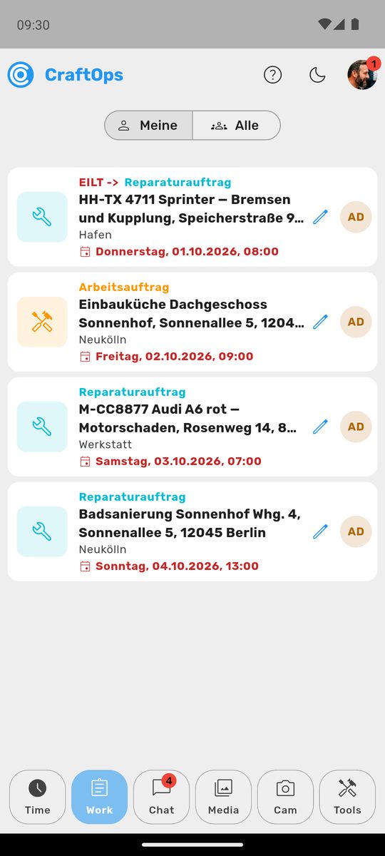 Bildschirm „Mobile-App: Work“ im Demo-Betrieb